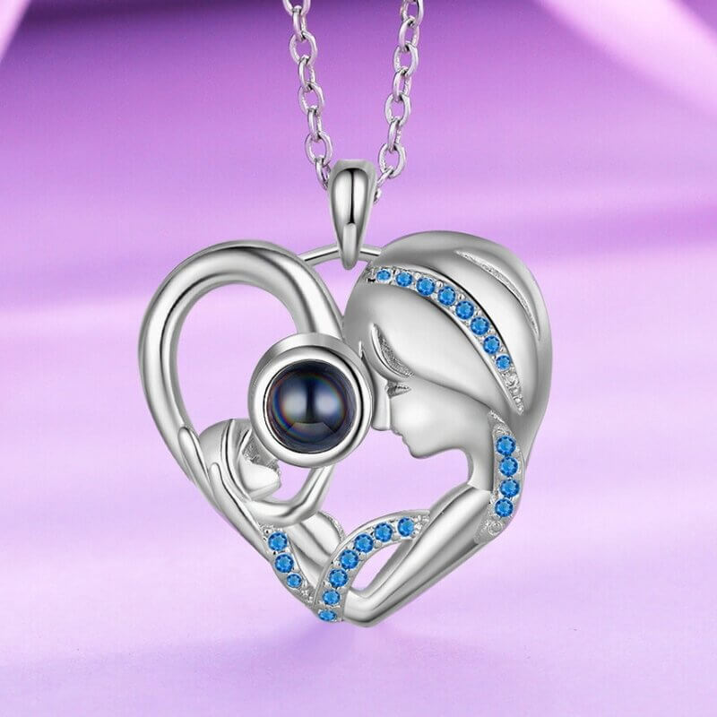 Photo Projection Necklace with Mother and Daughter Heart Pendant
