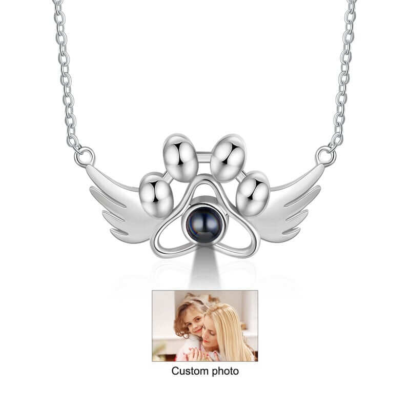 Personalised Photo Projection Paw Necklace with Angel Wings