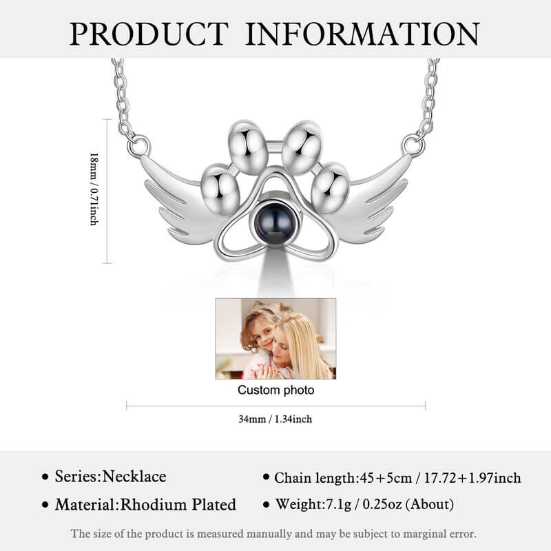 Personalised Photo Projection Paw Necklace with Angel Wings