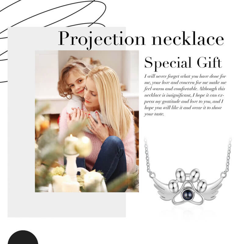 Personalised Photo Projection Paw Necklace with Angel Wings