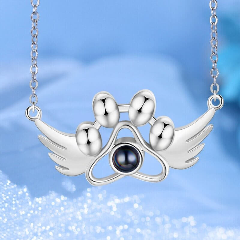 Personalised Photo Projection Paw Necklace with Angel Wings