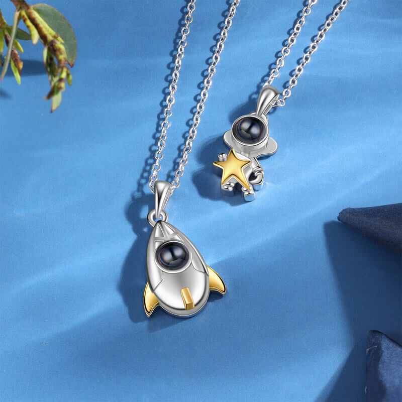 Photo Projection Rocket and Astronaut Couple Necklaces