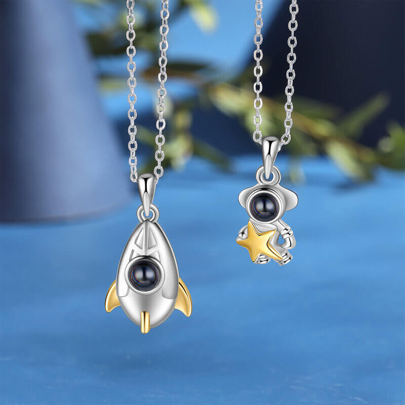 Photo Projection Rocket and Astronaut Couple Necklaces