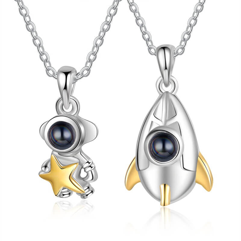 Photo Projection Rocket and Astronaut Couple Necklaces