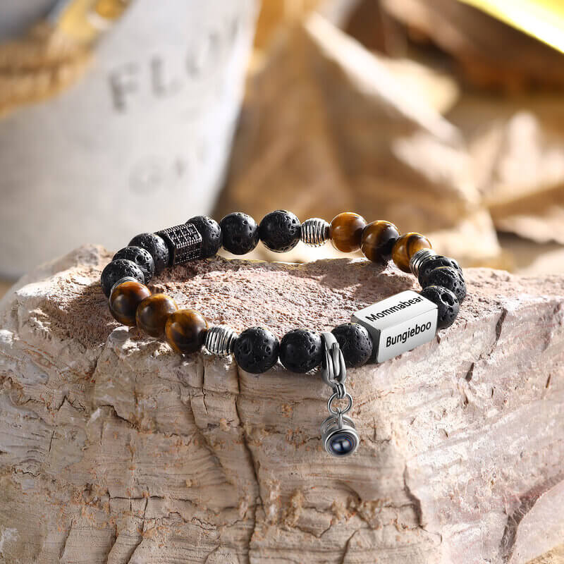 Photo Projection Tiger Eye Bracelet - Engraved Bar Bracelet