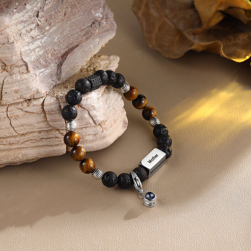 Photo Projection Tiger Eye Bracelet - Engraved Bar Bracelet