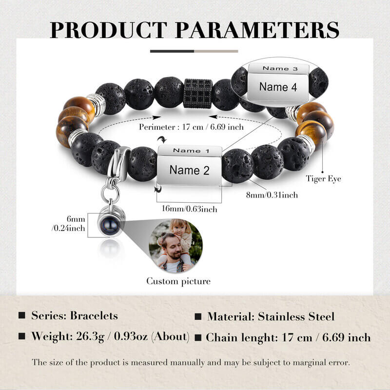 Photo Projection Tiger Eye Bracelet - Engraved Bar Bracelet