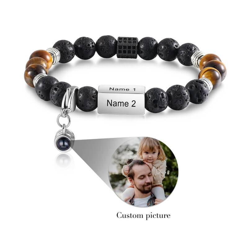 Photo Projection Tiger Eye Bracelet - Engraved Bar Bracelet