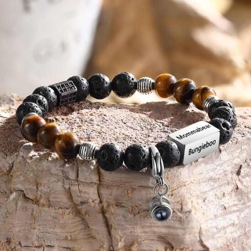 Photo Projection Tiger Eye Bracelet - Engraved Bar Bracelet