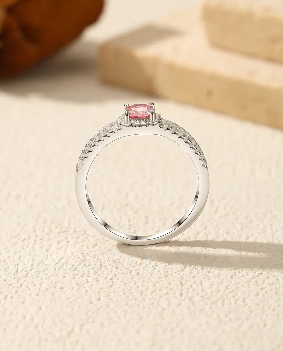 Light pink 0.4ct Asscher cut moissanite halo ring in 925 sterling silver