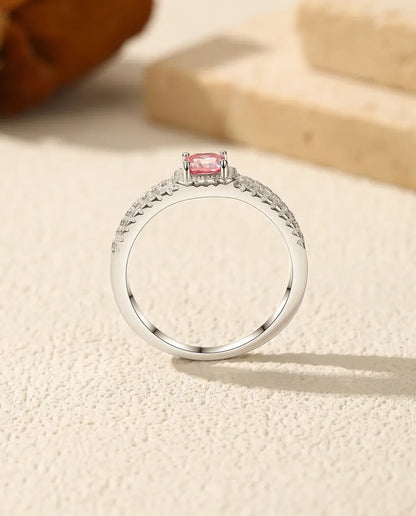 Light pink 0.4ct Asscher cut moissanite halo ring in 925 sterling silver