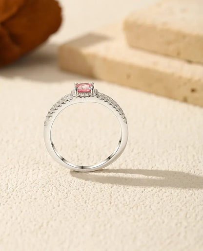 Light pink 0.4ct Asscher cut moissanite halo ring in 925 sterling silver