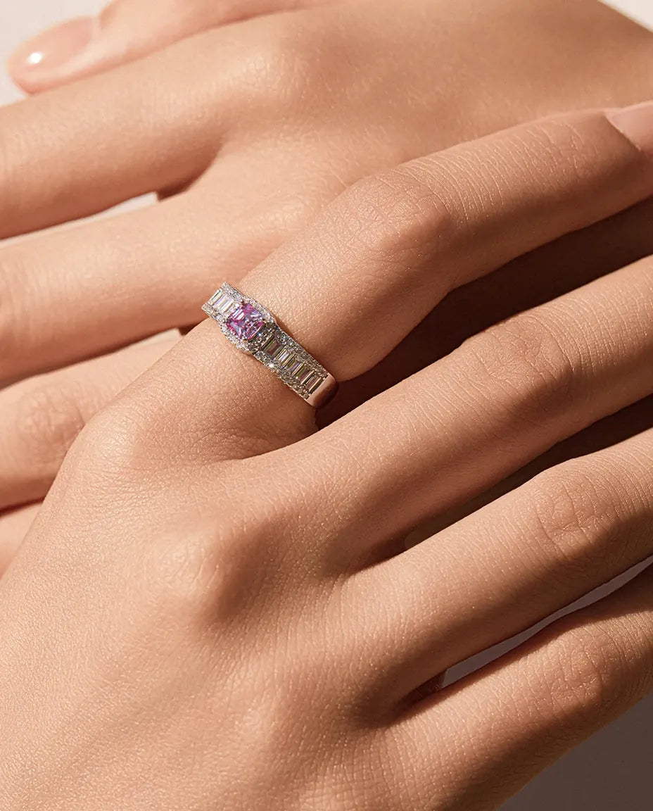 Light pink 0.4ct Asscher cut moissanite halo ring in 925 sterling silver