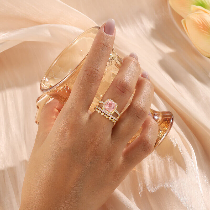 Pink Morganite Engagement Ring Set with Moissanite 14/18k Yellow Gold