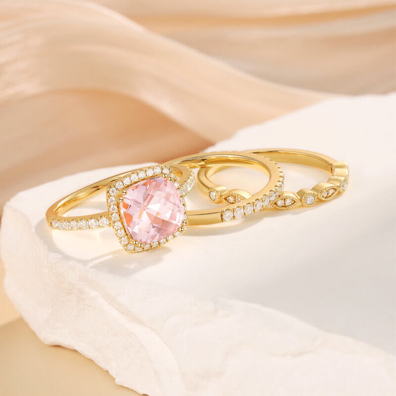 Pink Morganite Engagement Ring Set with Moissanite 14/18k Yellow Gold