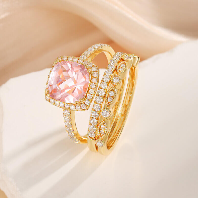 Pink Morganite Engagement Ring Set with Moissanite 14/18k Yellow Gold