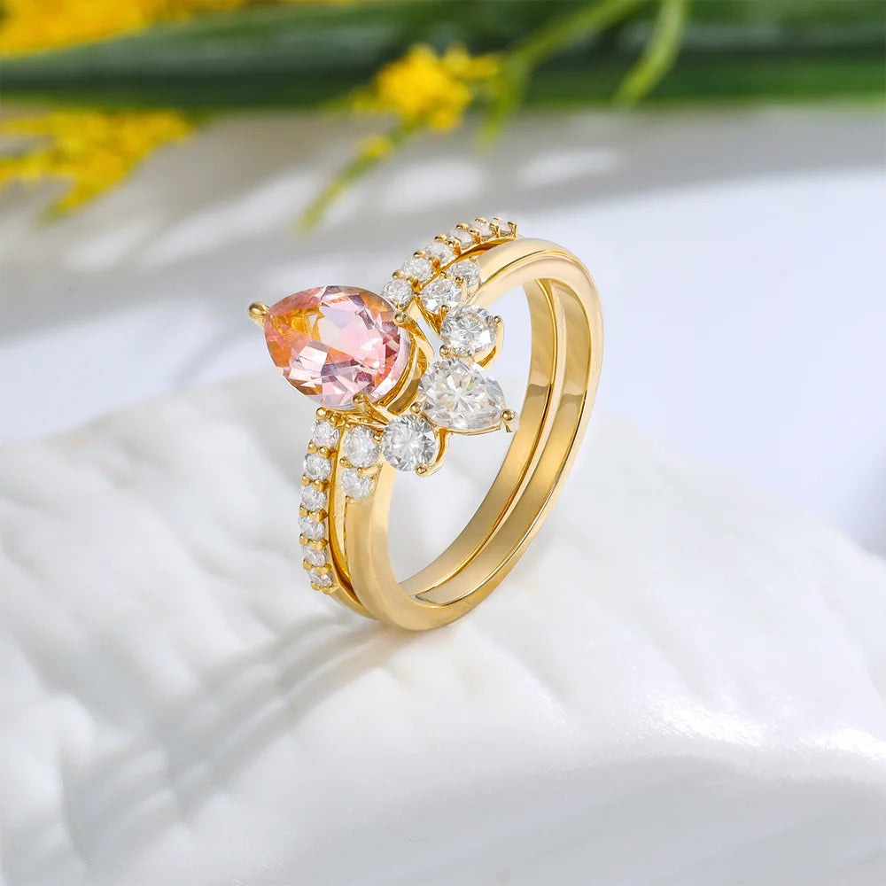 Pink Pear Morganite Engagement Ring Set with Moissanite 14/18k Yellow Gold