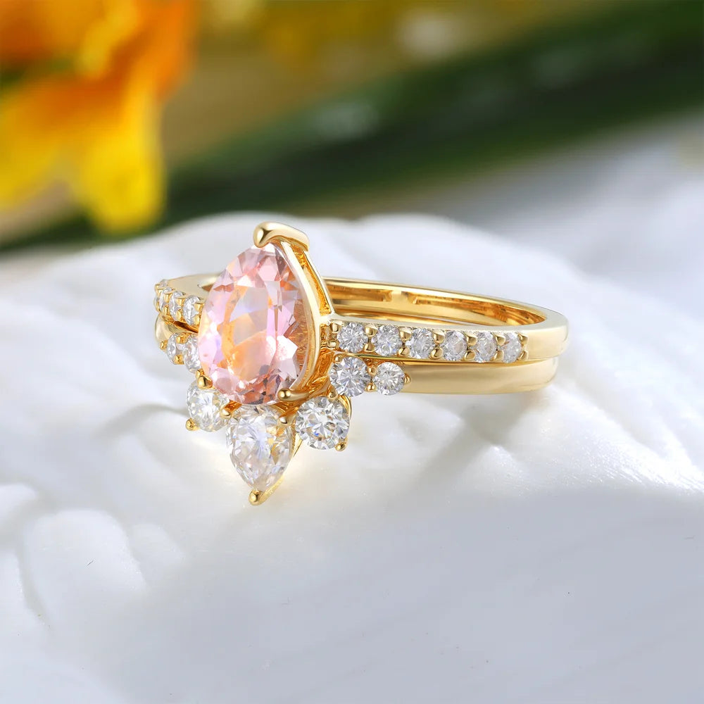 Pink Pear Morganite Engagement Ring Set with Moissanite 14/18k Yellow Gold