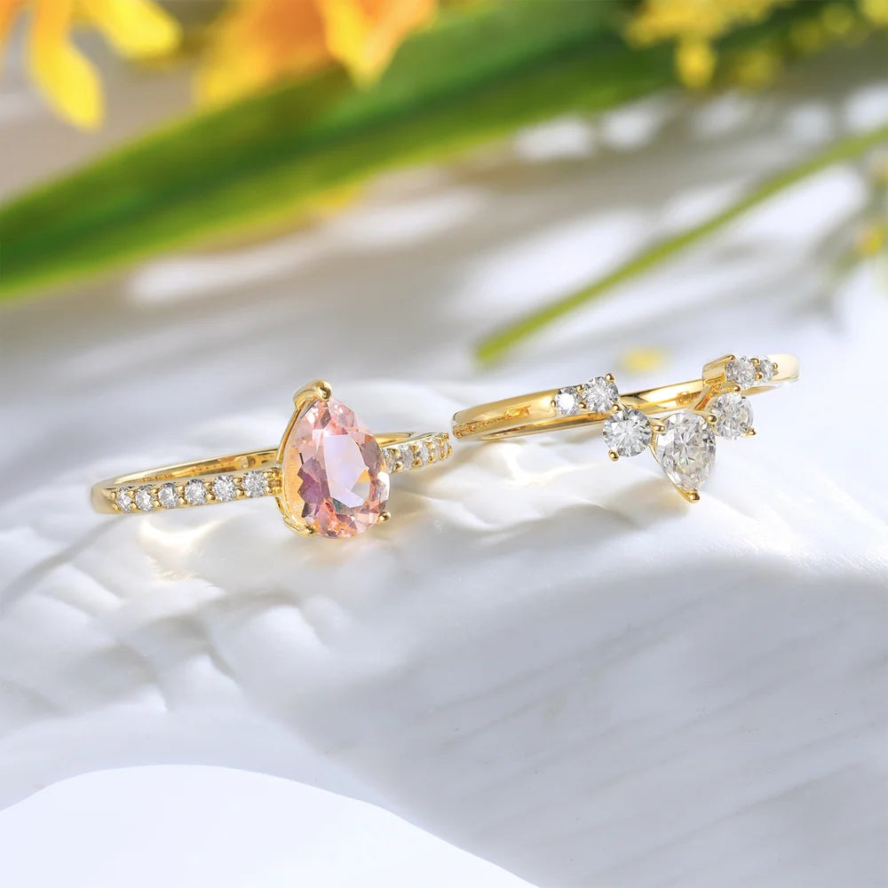 Pink Pear Morganite Engagement Ring Set with Moissanite 14/18k Yellow Gold