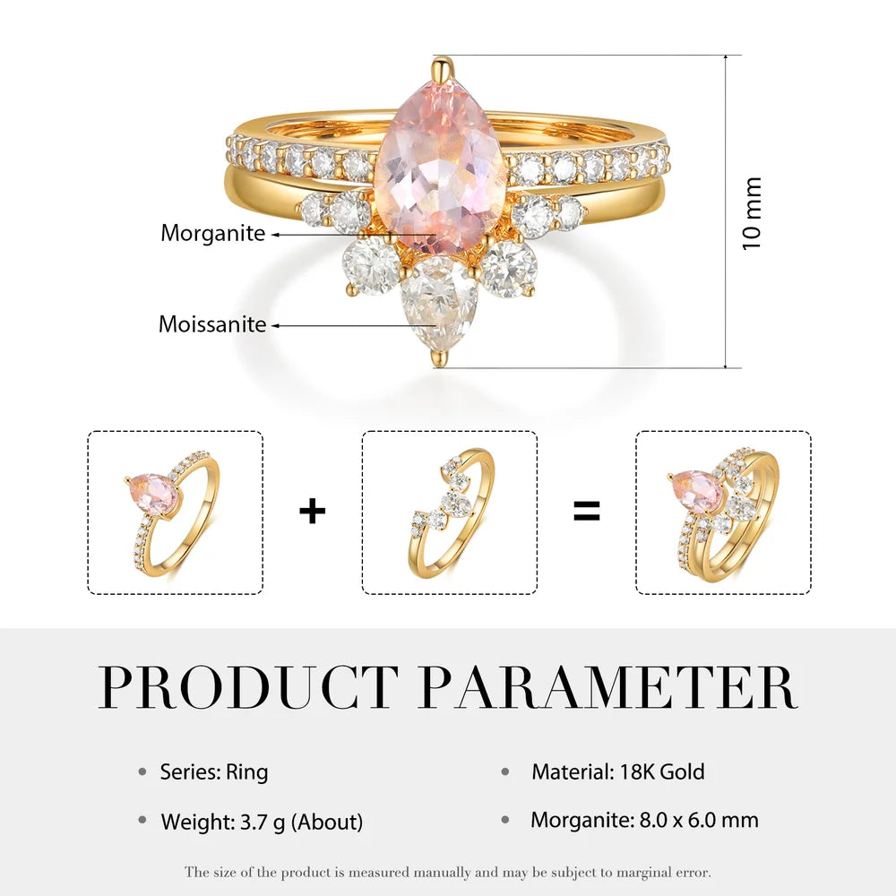 Pink Pear Morganite Engagement Ring Set with Moissanite 14/18k Yellow Gold