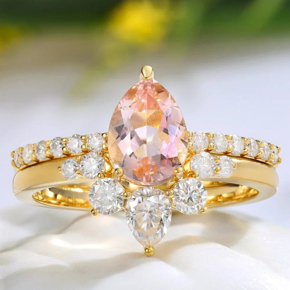 Pink Pear Morganite Engagement Ring Set with Moissanite IfShe UK
