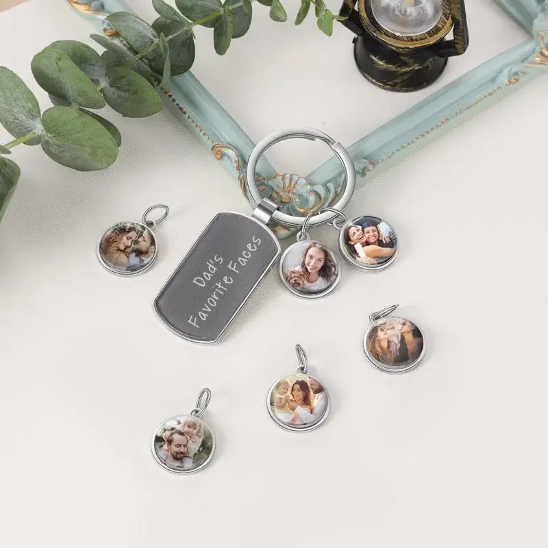 Round Photo Charms Personalised Keyring with Engraved Tag Charm