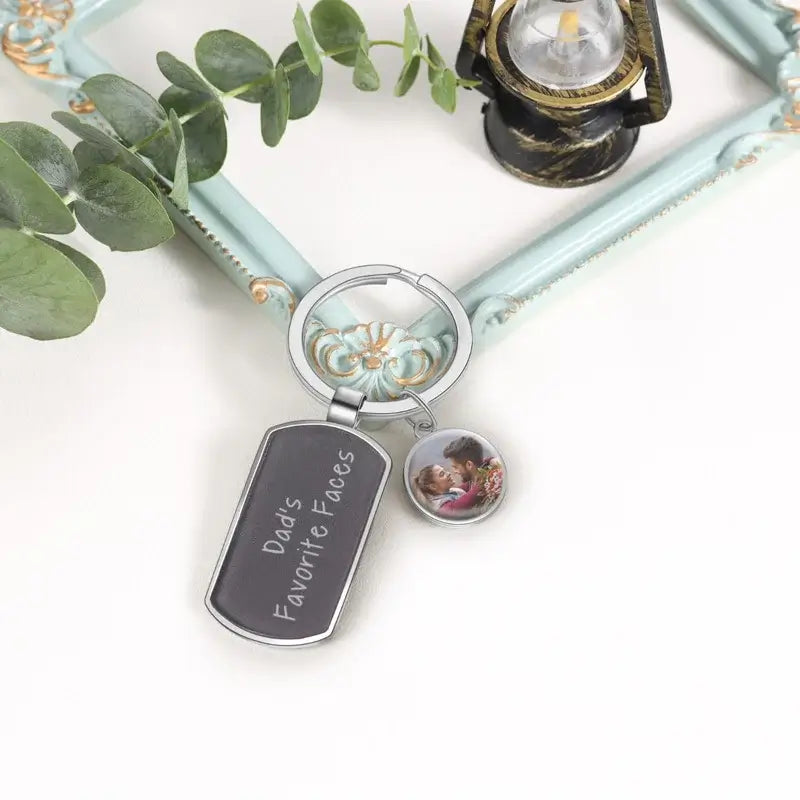 Round Photo Charms Personalised Keyring with Engraved Tag Charm