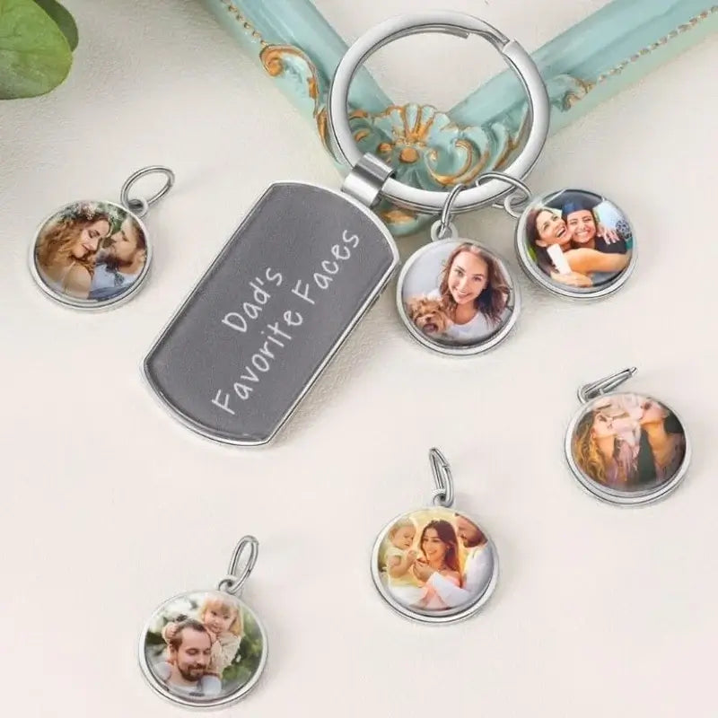 Round Photo Charms Personalised Keyring with Engraved Tag Charm