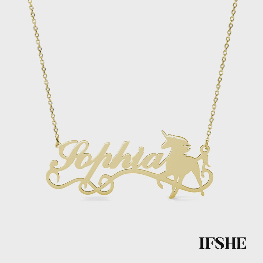 Personalised Unicorn Name Necklace Sterling Silver Yellow Gold