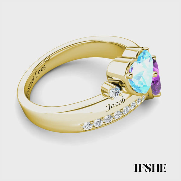 Heart Personalised Birthstones Ring with Engraved Names Yellow Gold