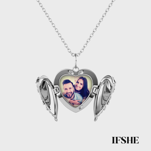 Personalised Angel Wings Photo Heart Locket Necklace with Picture Inside