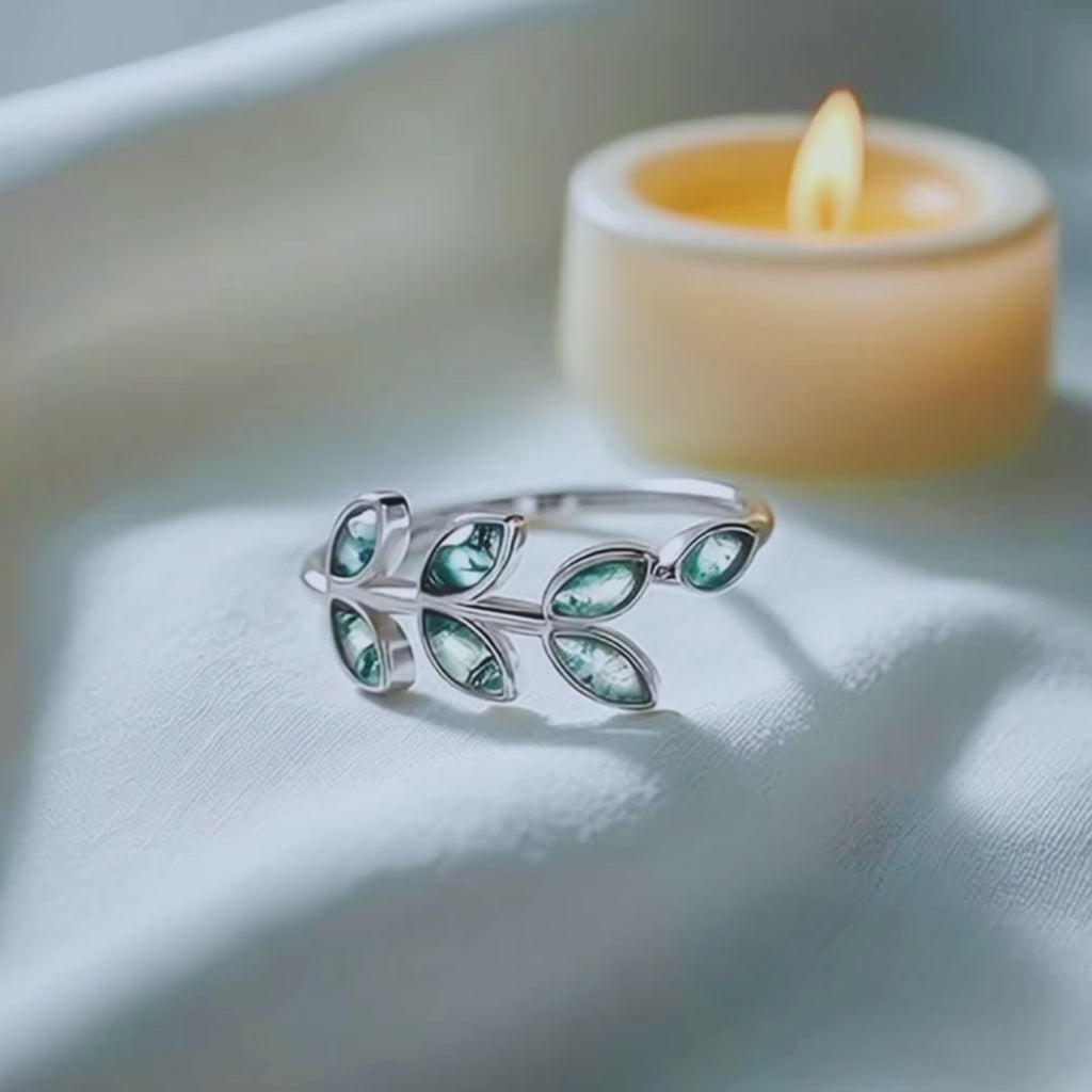 Moss Agate Leaf Ring in 925 Sterling Silver Adjustable Band, White Gold Plated