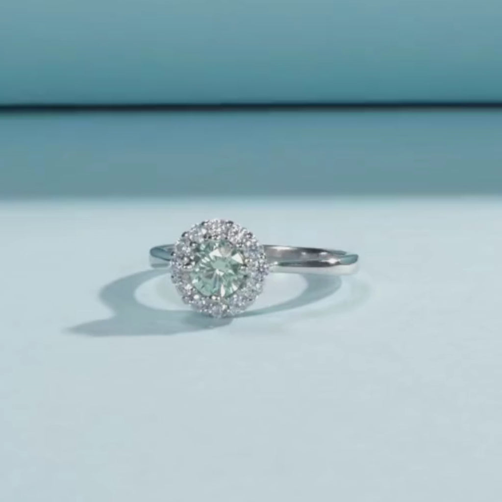 Moissanite Halo Ring - Moissanite Wedding Ring For Women - 0.50Ct - 925 Sterling Silver - Green Teal