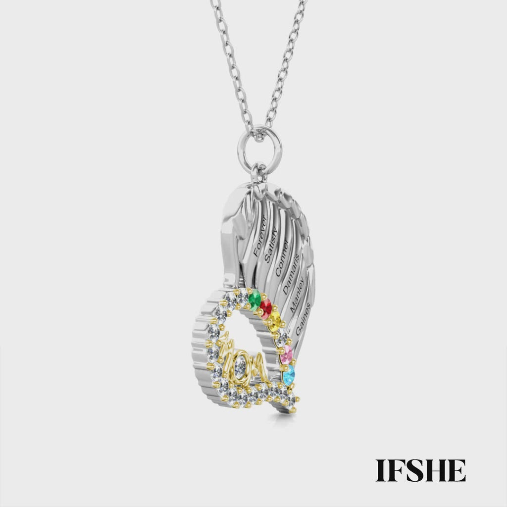 Sterling Silver Winged Heart Mum Necklace – Personalised with Children's Names and Birthstones