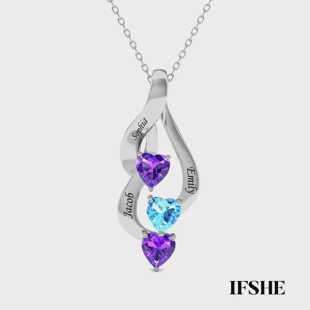 Sterling Silver Personalised Mum Necklace with 3 Engraved Names & Heart Birthstones