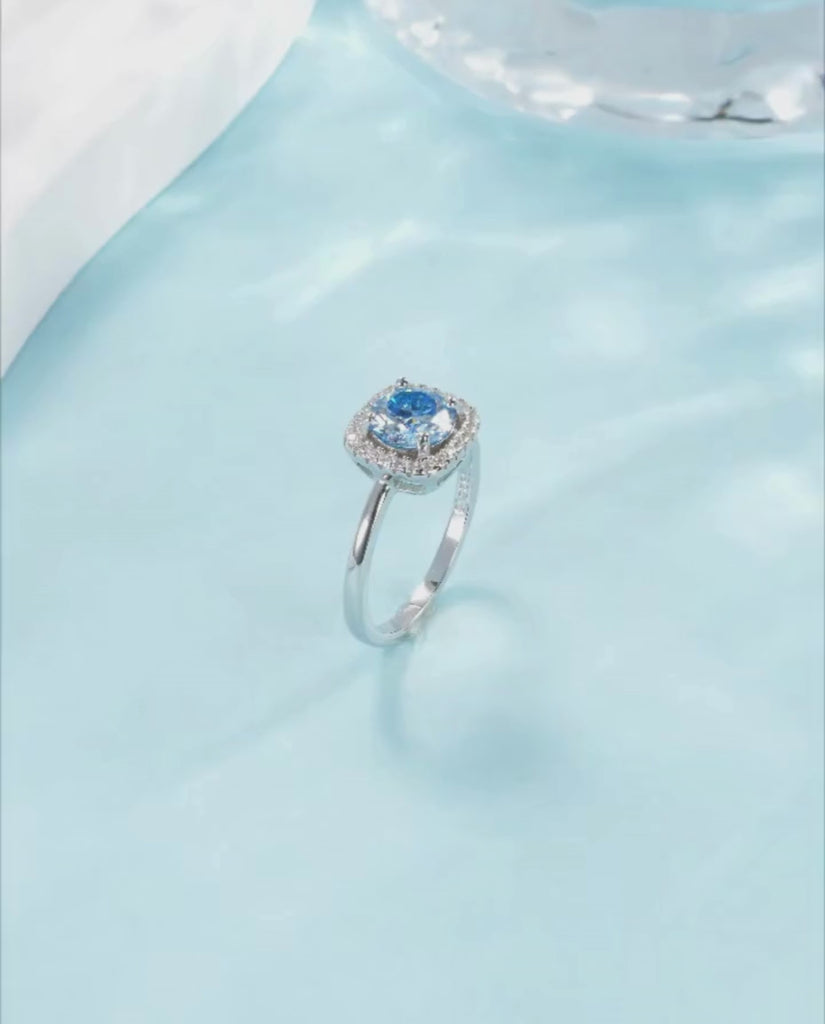 Classic Halo Sea Blue Moissanite Ring - 1 Carat VVS1 in 925 Sterling Silver