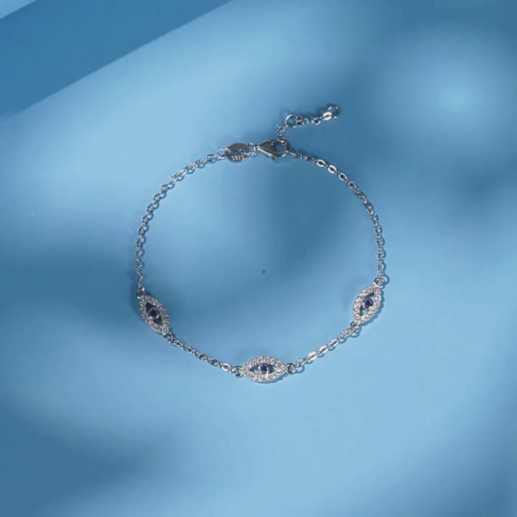 Triple Evil Eye Sterling Silver Protection Bracelet - Turkish Eye Bracelet