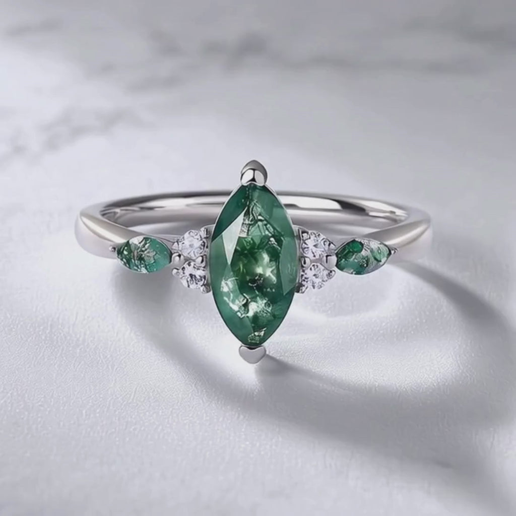 Marquise Cut Moss Agate Ring 925 Sterling Silver in White Gold Vermeil