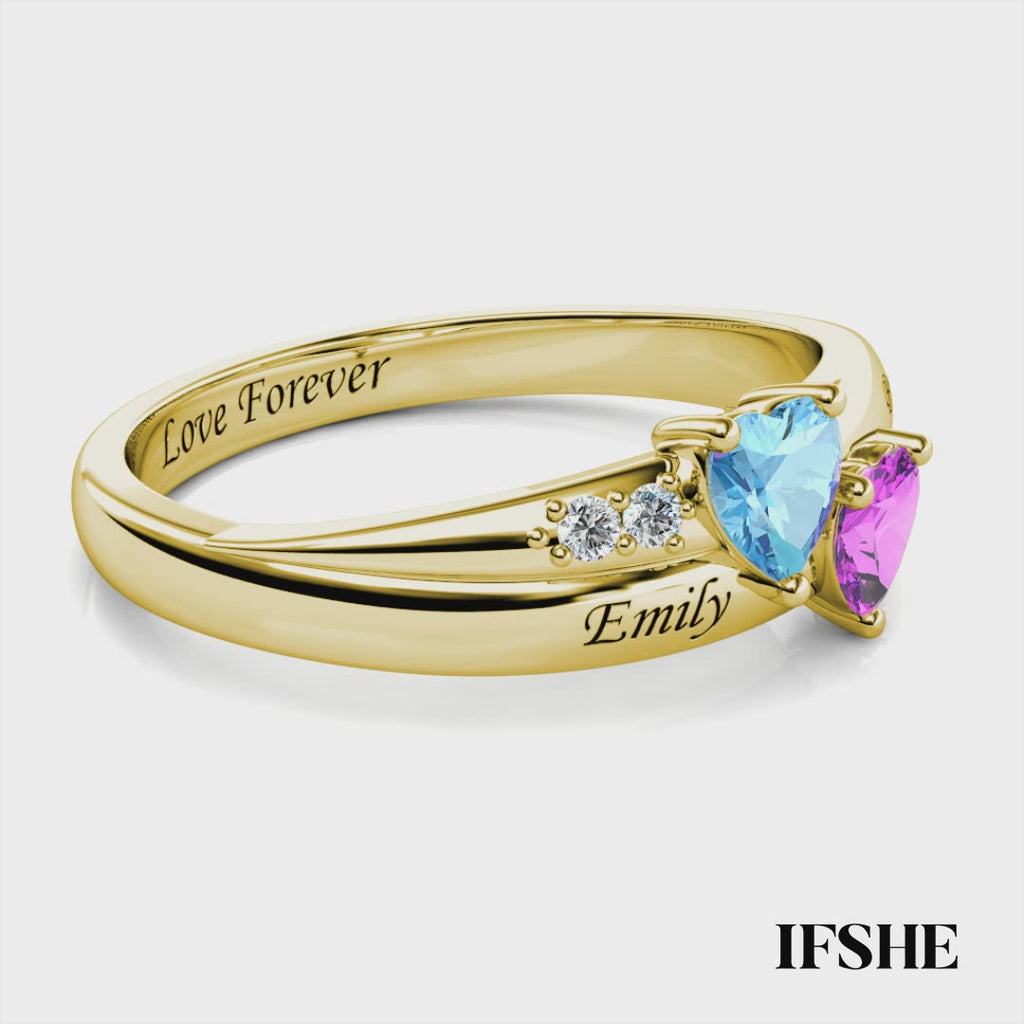Personalised Two Heart Birthstones Ring with Two Engraved Names Yellow Gold