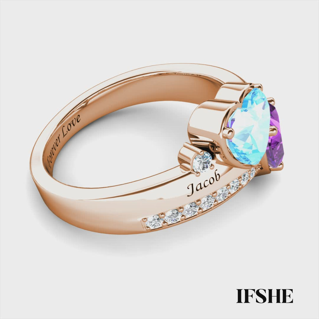 Heart Personalised Birthstones Ring with Engraved Names Rose Gold