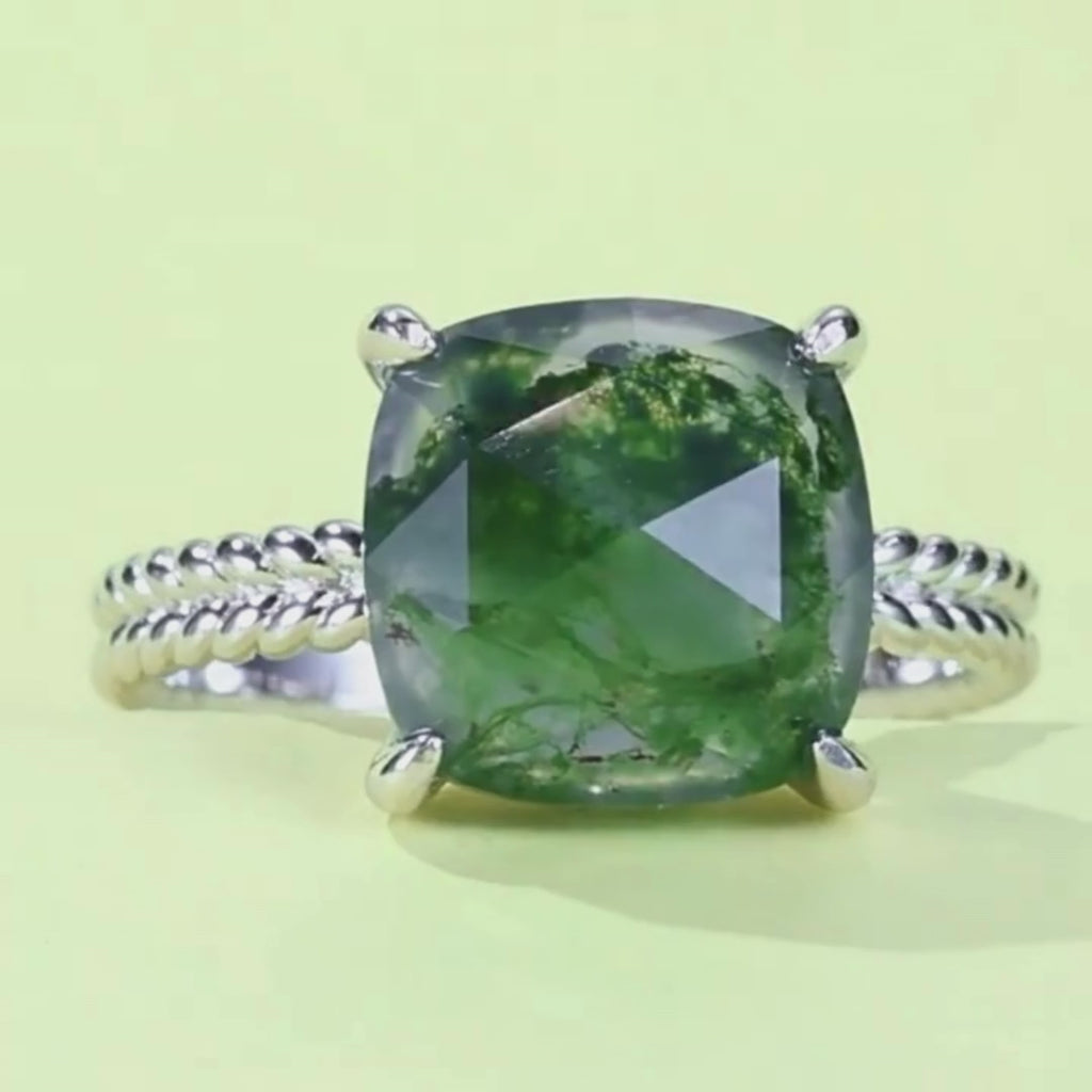 Cushion Cut Moss Agate Ring for Women 925 Sterling Silver