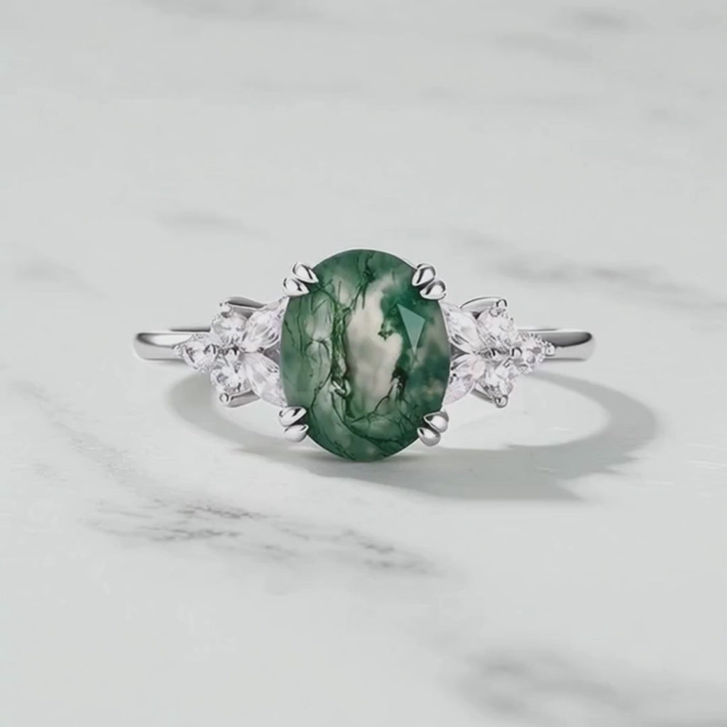 Moss Agate Ring for Women - Oval Cut Sterling Silver Ring - Unique Dainty Promise Ring