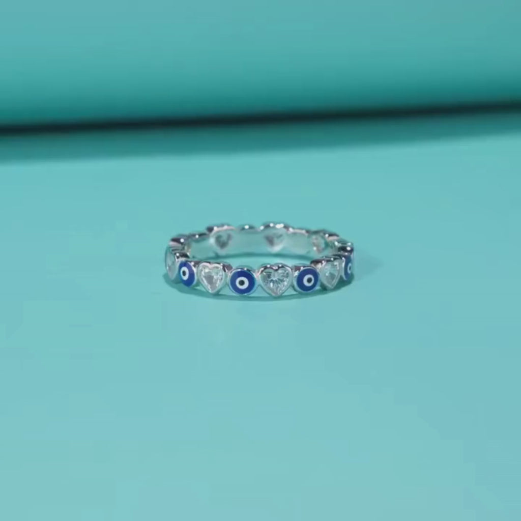 Sterling Silver Evil Eye Ring with Heart Shaped Zircons