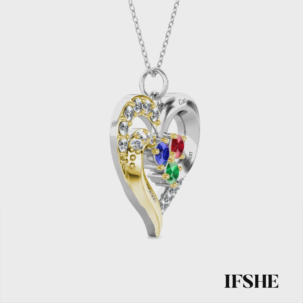 Personalised Two-Tone Heart Pendant: Engraved Names & Family Birthstones, Sterling Silver Gift for Mum