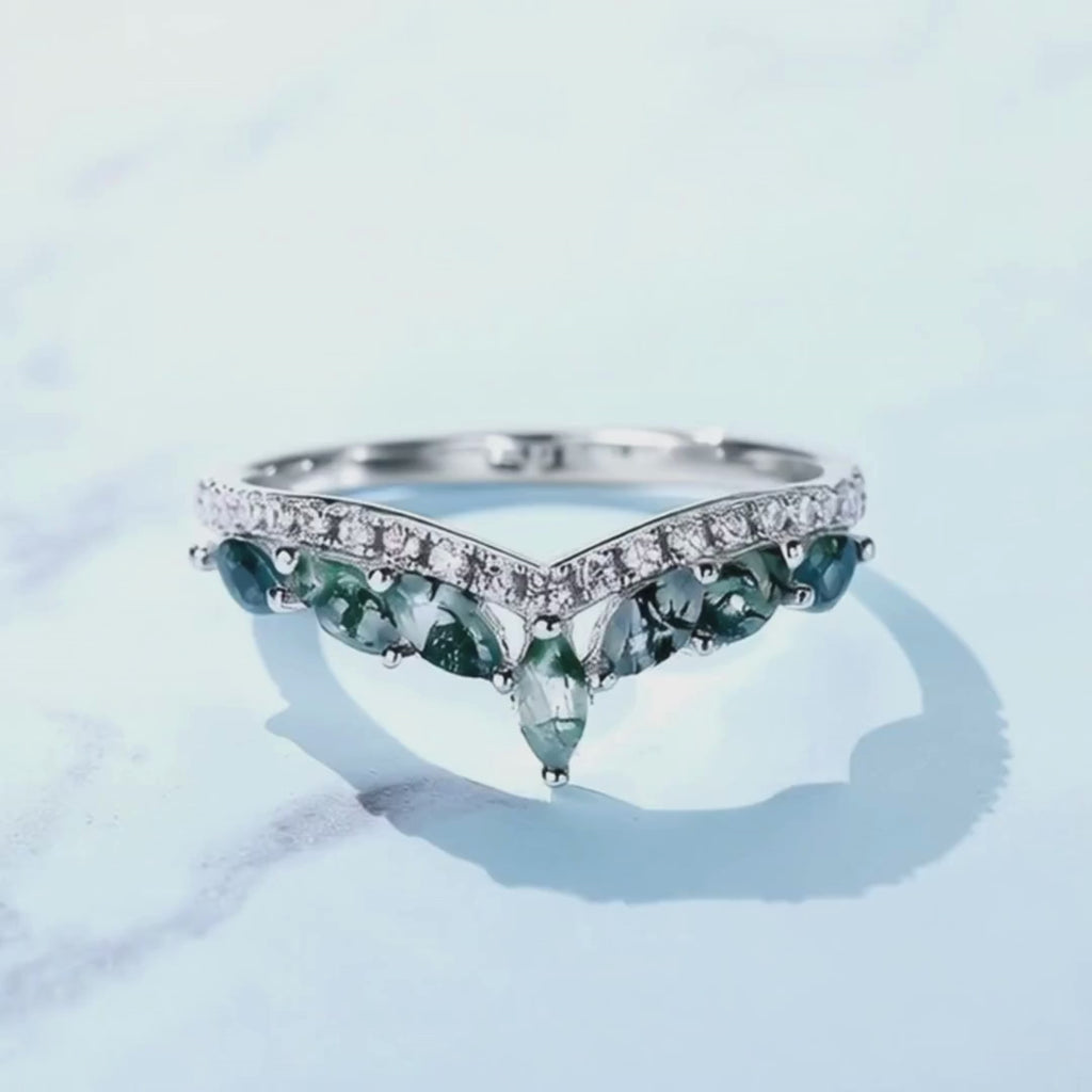 Marquise Moss Agate Crown Ring for Women - Moss Agate Wedding Band Sterling Silver