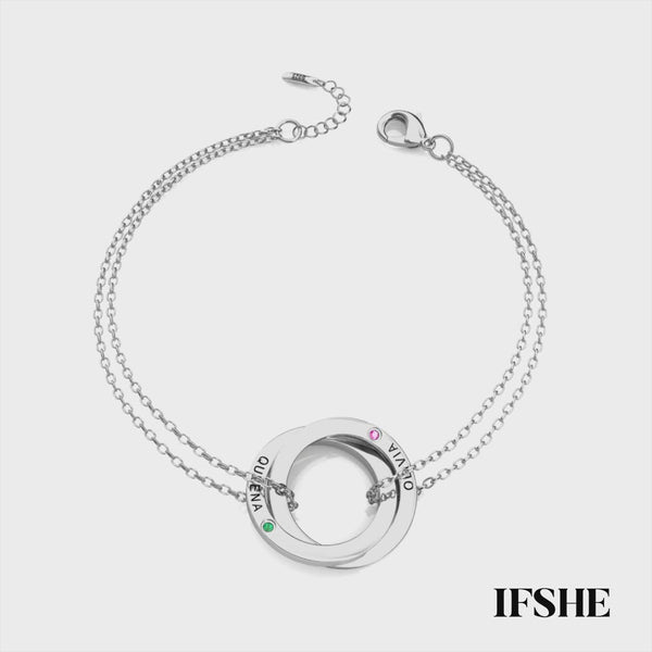 Personalised Engraved Russian 2 Ring Bracelet with 2 Birthstones Sterling Silver