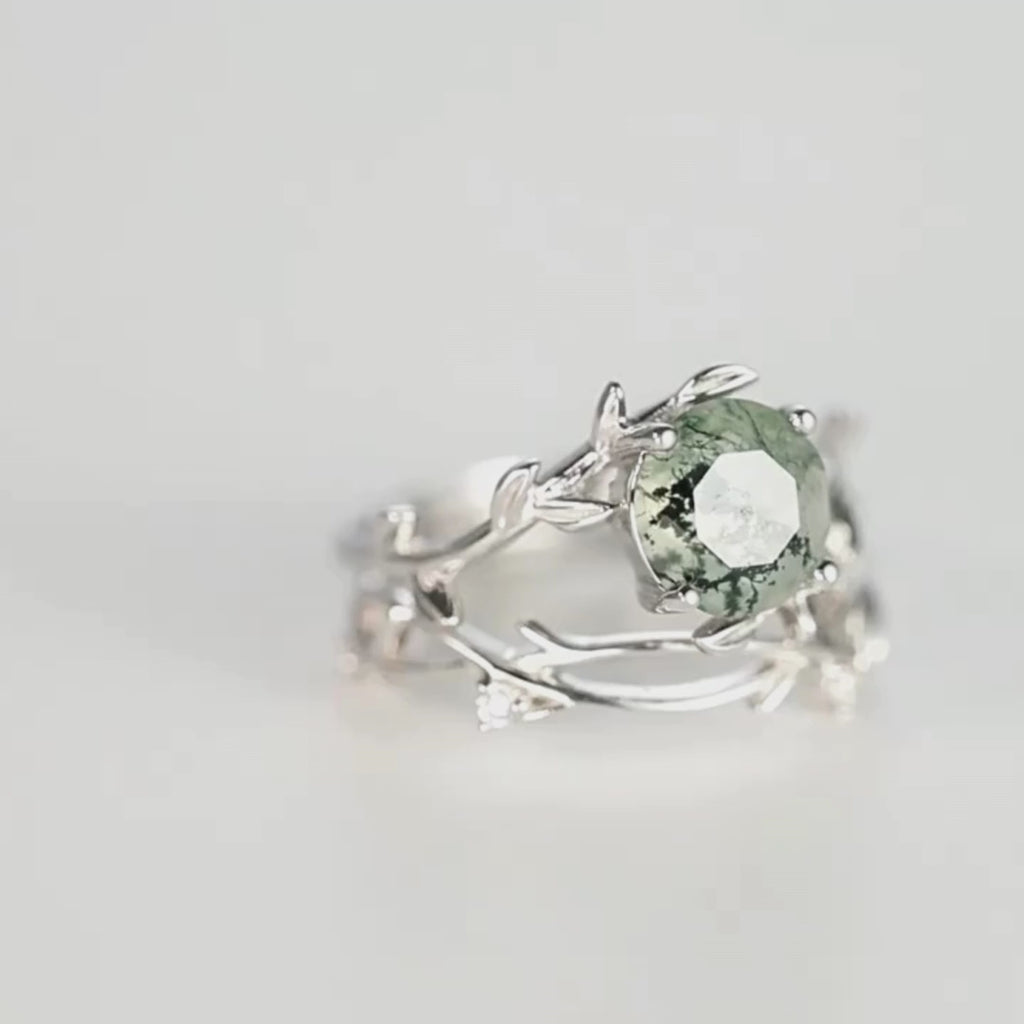 Olive Branch Moss Agate Wedding Ring Set