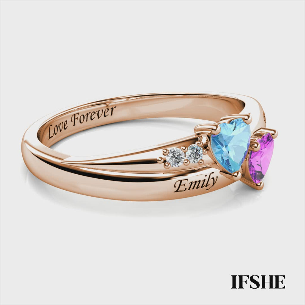 Personalised Two Heart Birthstones Ring with Two Engraved Names Rose Gold