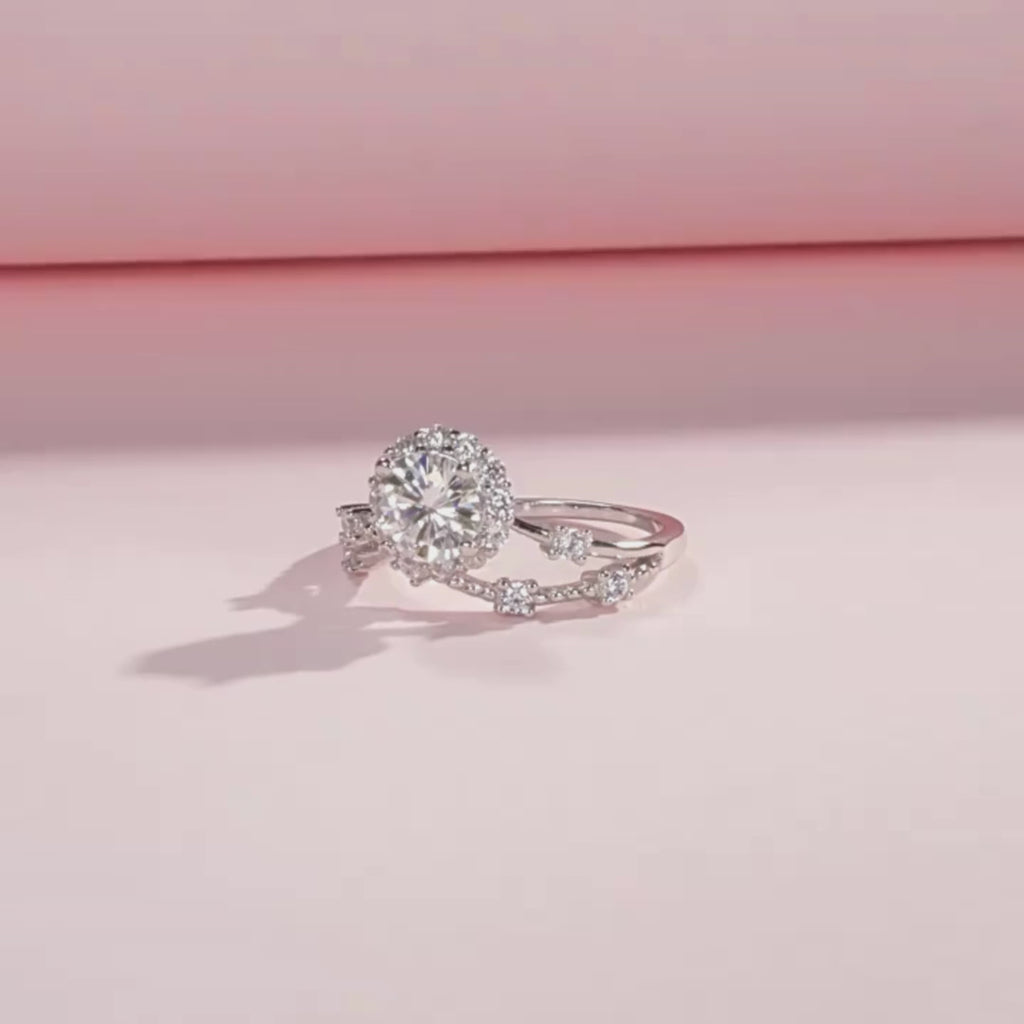 Moissanite Halo Ring with Lab Diamond Crown in 925 Sterling Silver