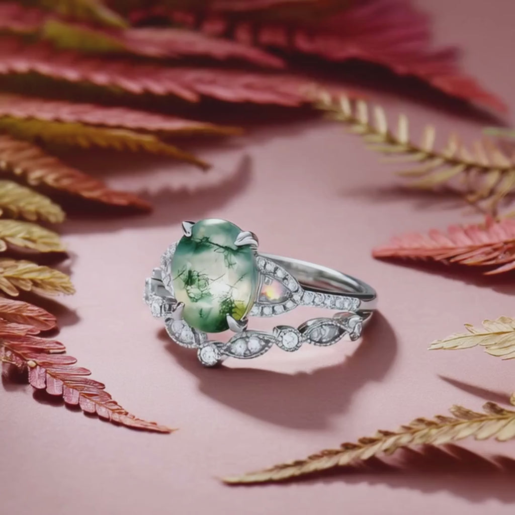 Oval Shaped Moss Agate Ring Set with Opals